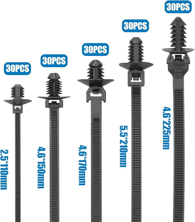XINGO 150 PCS Push Mount Zip Ties-5 Types, Nylon Car Mount Wire Tie Snap in Cable Zip Ties, Black Push Mount Cable Ties Automotive Zips Tie Fastener Wire Harness Clips for Wire Tying