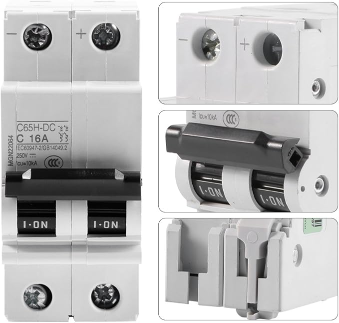 DC Miniature Circuit Breaker, Low Voltage 2 Pole 250V 16A DIN Rail Mount, DC Disconnect Switch for Solar Panels Grid DC System (16A)