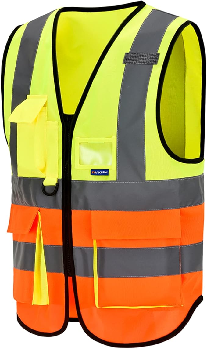 A-SAFETY yellow orange High Visibility Construction Safety Vest with Pockets zipper, Orange&Yellow Color Mixed, XXXL