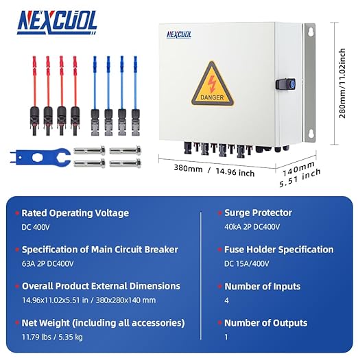 4 String Solar PV mc4 Metel Combiner Box 16A Rated Current Fuse 63A Air Circuit Breaker Out Door IP65 Waterproof (4 String- 16A)