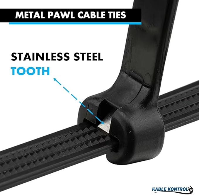Kable Kontrol Cable Ties with Metal Tooth Bulk Pack, 11 Inch 3800 Pcs, 120 Lbs Tensile Strength, Metal Pawl, Stainless Steel Toothed Self-Locking Device, UV Resistant Steel Barb Zip Ties - Black