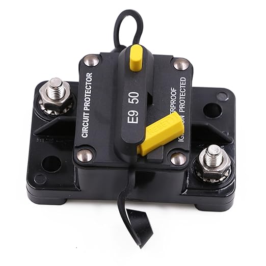 Manual Reset Circuit Breaker 12V-72V 50A for Car Audio RV Truck Solar System Boat Marine Automotive, IP67 Waterproof, UL, Overload Protection, Heavy Duty DC Resettable Breaker 50 Amp