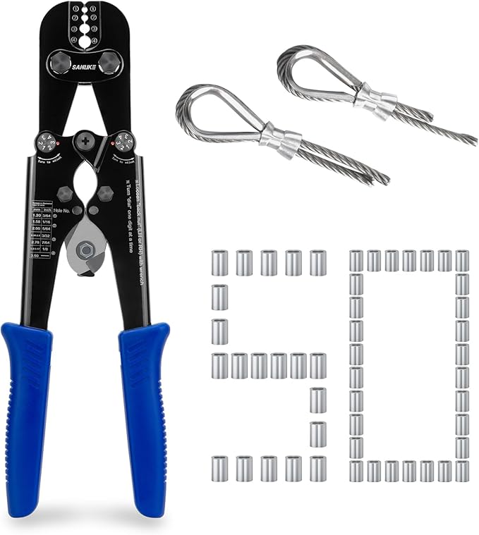 Sanuke Wire Rope Crimping Tool Kit, Professional Wire Rope Crimper and Cutter for Aluminum Oval Sleeves, Double Sleeves, Crimping Loop Sleeves from 3/64-inch to 1/8-inch