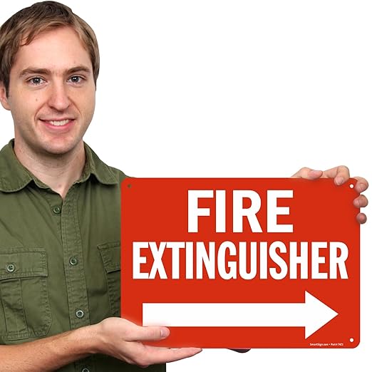 SmartSign 10 x 14 inch “Fire Extinguisher” Metal Sign with Right Arrow, 40 mil Laminated Rustproof Aluminum, Red and White, Made in USA