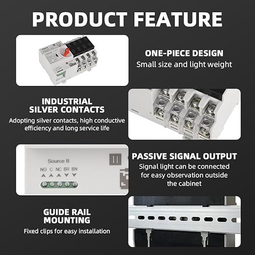 Automatic Transfer Switch ATS 4P 100A 400V Dual Power Electrical Selector Switch Din Rail Type Millisecond Switching
