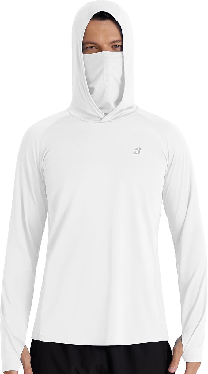 Roadbox Men's UPF 50+ Hooded Fishing Shirts Long Sleeve Sun Protection Hoodie, Hiking Running Swimming Rash Guard with Mask