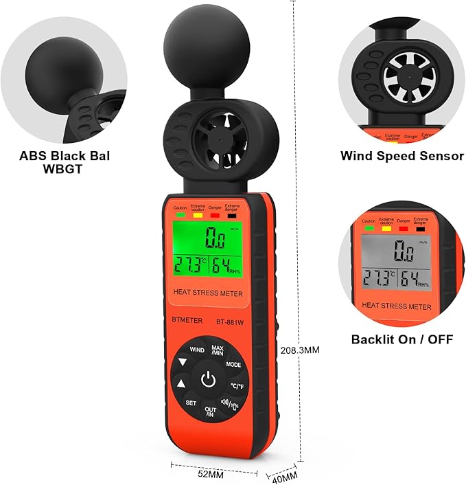 BTMETER Heat Stress Meter Anemometer - Digital Indoor/Outdoor WBGT (Wet Bulb Globe Temperature) Meter with Wind Speed, Ambient Temp, Humidity Tester BT-881W 2pcs