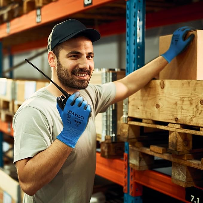 KAYGO Work Gloves for Men and Women, 60 Pairs Seamless Knit PU Coated Safety Gloves, with Smooth Grip on Palm and Fingers, Ideal for Light Warehouse, Manufacturing, Gardening, KG11P (L, Blue)