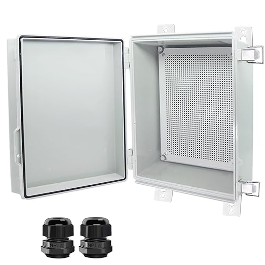 Junction Box, Hinged Cover Stainless Steel Latch IP67 Waterproof ABS Project Box with 2 Cable Glands, Electrical Box Enclosure with Mounting Plate & Wall Bracket 13.8 x 9.8 x 5.9inch