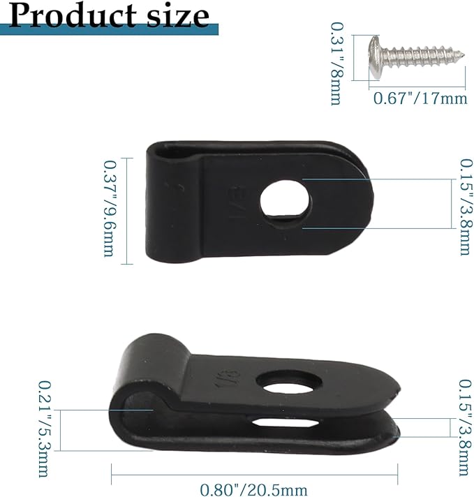 100 Pcs 1/8 Inch Black Nylon Screw Mounting R-type Cable Clip Wire Clamp, 3.3mm Cable Clip Wire Clamp for Wire Management, Stainless Steel Screws Included