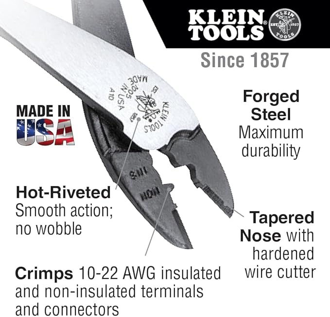 Klein Tools 1005 Cutting/Crimping Tool, Made in USA, Cutter/Crimper for 10-22 AWG Terminals and Connectors, Crimper for Insulated and Non-Insulated Terminals