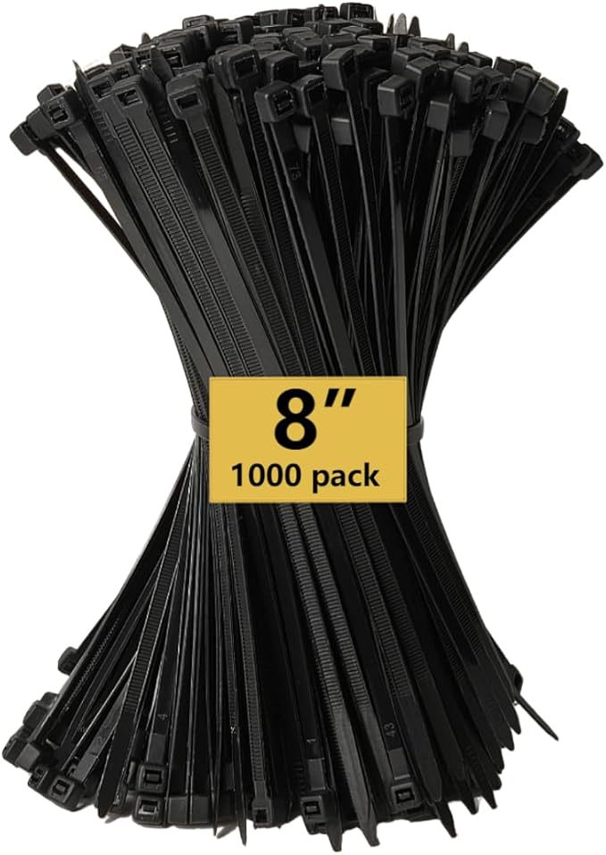 Zip Ties, Cable Ties, 1000Pcs 8Inch 48Lb Tensile Strength Black Premium Self-Locking Nylon Zip Ties For Home Office, Garden, Workshop Fences