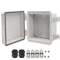 Zulkit Junction Box,IP67 Waterproof Electrical Box Hinged Cover Stainless Steel Latch Plastic Enclosure for Project with Mounting Plate Wall Bracket and 2 Cable Gland Grey 5.9"x5.9"x3.5"(150x150x90mm)