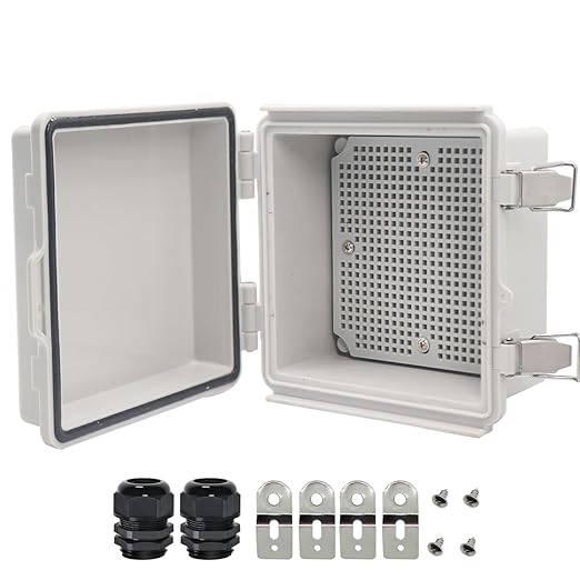Zulkit Junction Box,IP67 Waterproof Electrical Box Hinged Cover Stainless Steel Latch Plastic Enclosure for Project with Mounting Plate Wall Bracket and 2 Cable Gland Grey 5.9"x5.9"x3.5"(150x150x90mm)