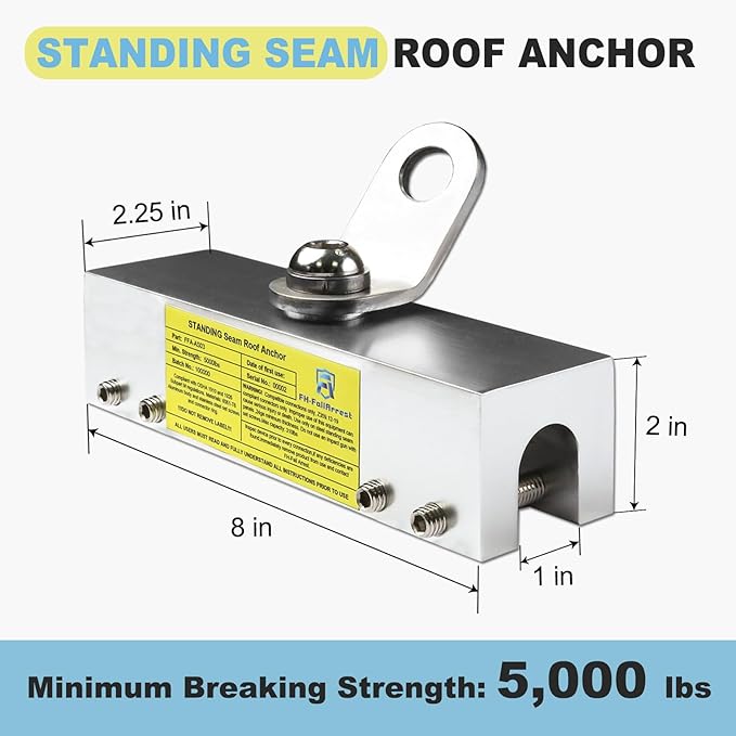 Fall Protection Standing Seam Roof Anchor Clamp with 360° Swivel Point | Fall Arrest Roofing Harness Safety Kit | Aluminum Alloy Anchor | OSHA/ANSI Compliant | Bolts and washers included (8inches)