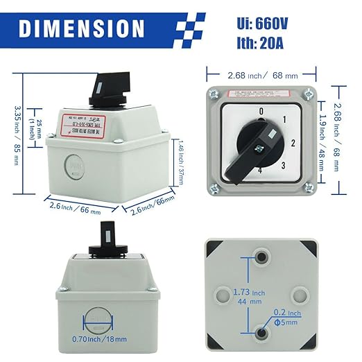 20A Rotary Changeover Switch with Box, 4-Ways 1NO 1NC 8 Terminals, 660V Universal Selector Switch with Blue Fork Terminals (5 Positions 2 Poles)