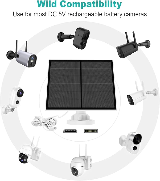 Solar Panel for Security Camera, 5W USB Solar Panel for Micro USB and USB-C Port Outdoor Rechargeable Battery Camera, Solar Panels with 9.8ft Cable, Adjustable Wall Mount, IP65 Waterproof, 2 Pack