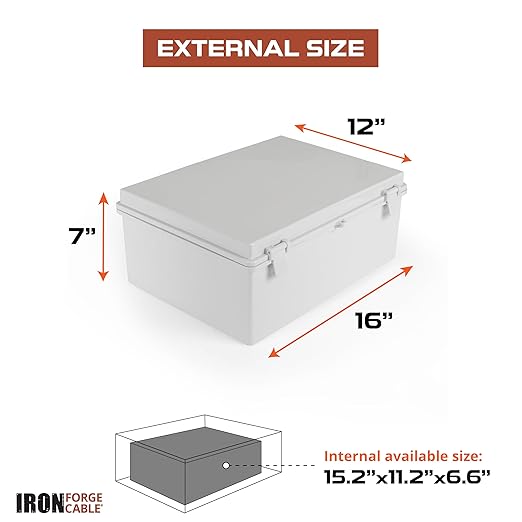 Iron Forge Cable Waterproof Junction Box Extra Large - Outdoor Enclosure with Accessories - Hinged Light Gray Panel Cover - IP65 16"x 12"x 7.2"Inch