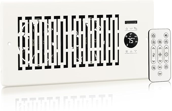 Register Booster Fan Fits 4” x 10” Register Holes, 10-Speed Control Heating Cooling AC Vent Fan, Smart Booster Fans with Intelligent Thermostat and Remote Control, Rice White