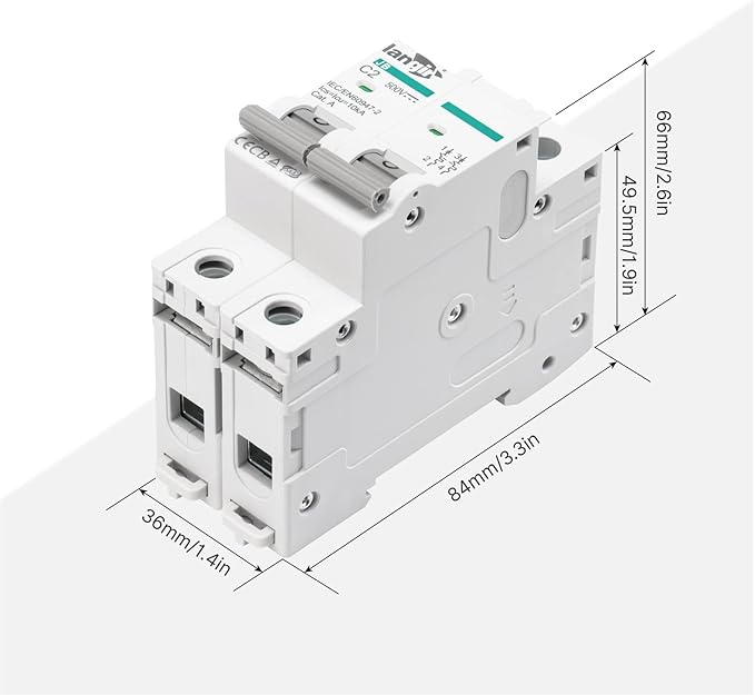 2P DC Circuit Breaker 63A 500V, DIN Rail Mount Solar Disconnect Switch for PV System, Battery, Inverter, RV & Home Electrical Panel
