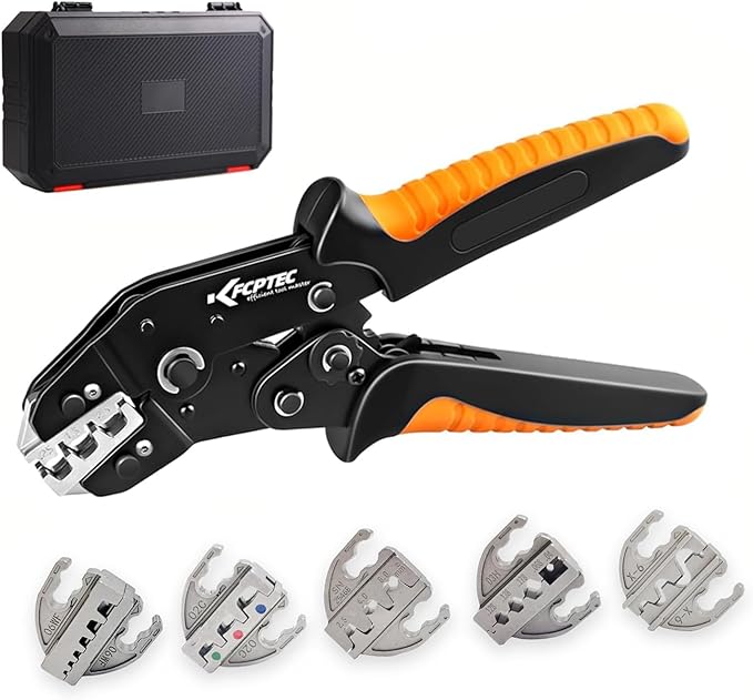 KF CPTEC 6PCS Multi-functional Wire Crimping Tool with Quick-Change Jaws for Spade, Insulated & Non-insulated Terminals, Ferrules, Solar Connectors, Coaxial Cables for Pro Electrical Repairs