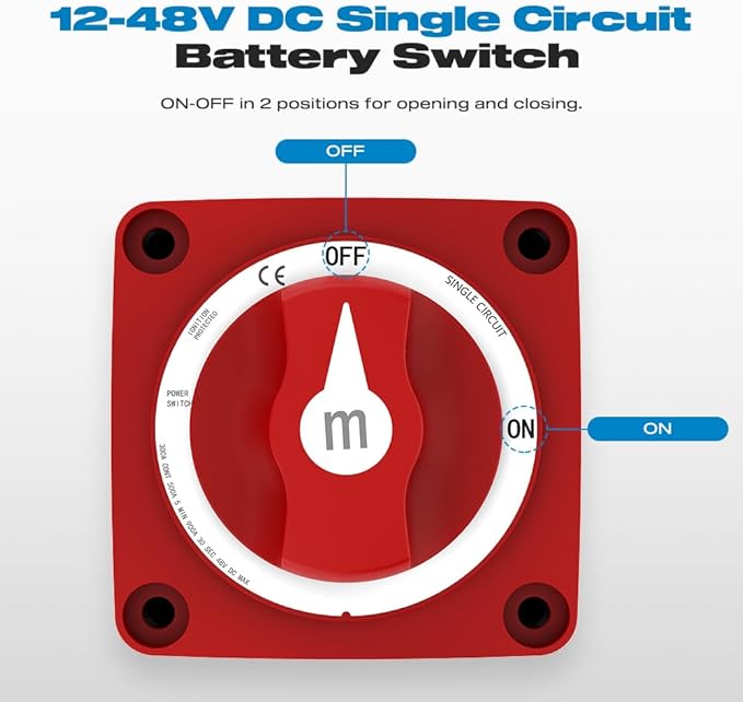 Battery Disconnect Switch, Malictele 300A ON/Off Heavy Duty Cutoff Switch 12V-48V Waterproof Ignition Protected Power Kill Switch with Knob for Marine, Boat, Car, RV, Truck Battery -Single Circuit