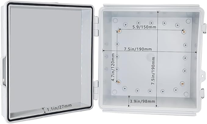 Waterproof Outdoor Electrical Box Junction Box Weatherproof IP67 ABS Plastic Enclosure Switch Router Project Box with Mounting Plate with Wall Bracket 2 Cable Glands Grey 8.27" x 8.27" x 5.12"