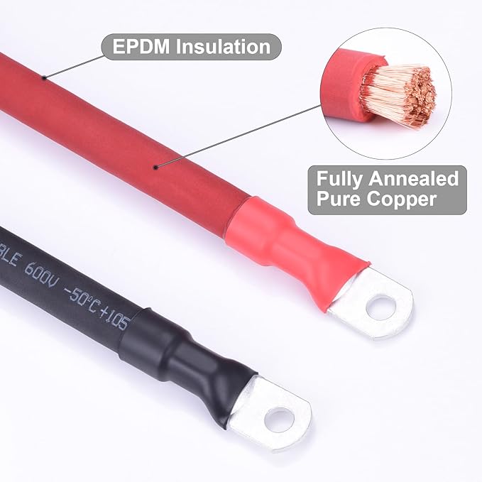 2 AWG Flexible Battery Cable with 5/16" Terminals - OFC Pure Copper Inverter & Welding Wire for Automotive Solar RV Motorcycle (Red + Black 1.5FT Pair)