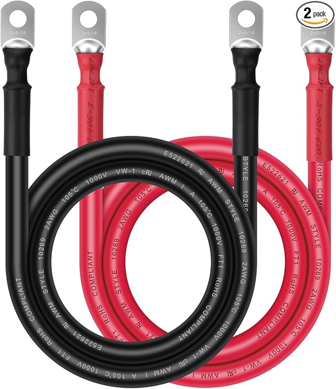 Battery Cable - iGreely 2 AWG 2 Gauge Wire Made with OFC Copper Wire Battery Power Inverter Cables with 5/16" Lugs Terminals for Welding Solar Panel Automotive Car Motorcycle RV Marine 3ft/90cm