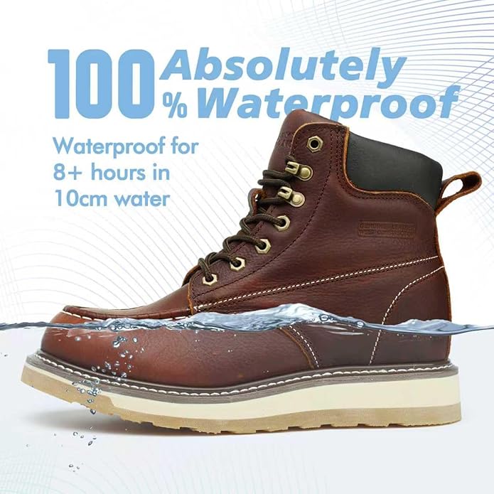 Moc Toe Work Boots for Men Waterproof Soft/Steel Toe Comfortable Full Grain Leather Non Slip Wedge Outsole Construction 6" Workboots