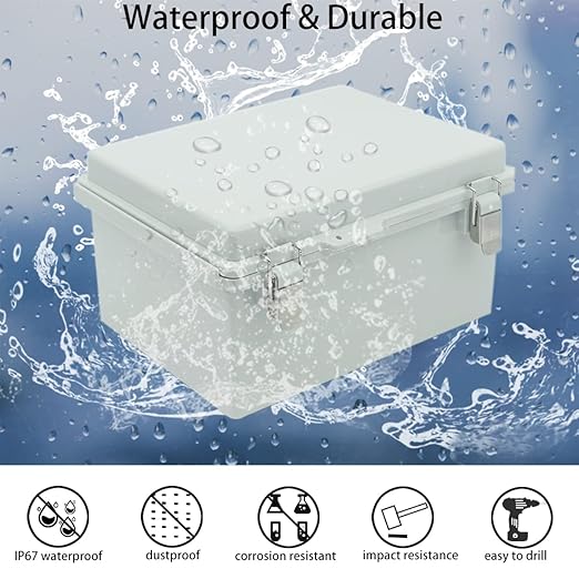 Junction Box, Hinged Cover Stainless Steel Latch IP67 Waterproof ABS Project Box with 2 Cable Glands, Electrical Box Enclosure with Mounting Plate & Wall Bracket 11 x 7.5 x 5.5inch