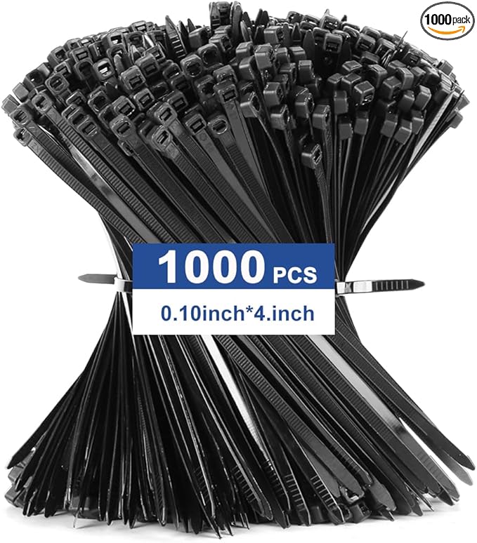 1000pcs Zip Ties, 4 inch Cable Ties, 18lbs Black Multi-Purpose Self-Locking Nylon Small Cable Management, UV Resistant Wire Ties, Plastic Ties for Home, Garage, Garden, Office, Workshop