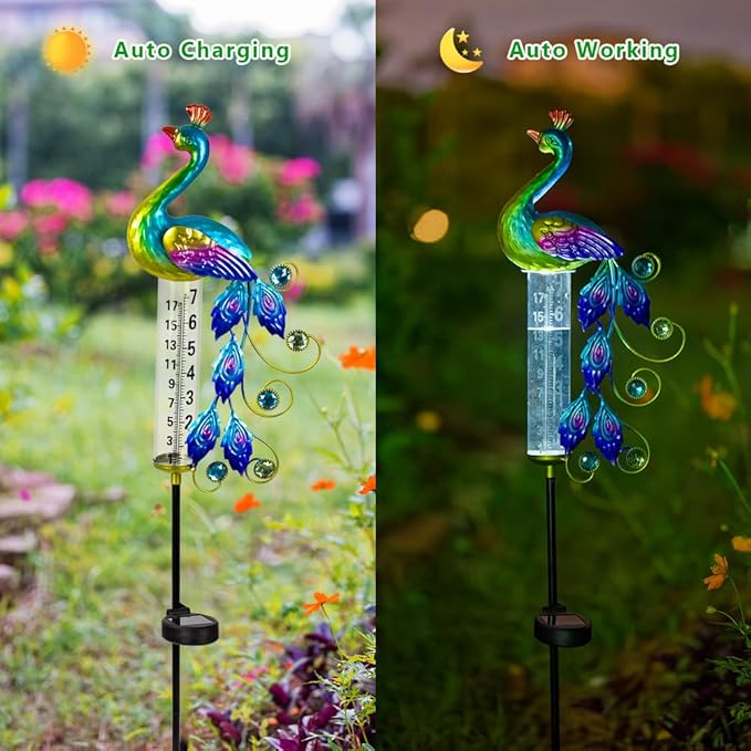 Peacock Rain Gauge Outdoor 36.6" Solar Powered Large Rain Gauges Freeze Proof Water Gauge with Metal Stakes Decorative for Garden,Lawns,Patio