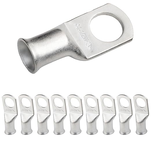 SELTERM 10pcs 1 AWG-1/2" Stud Tinned Copper Wire Lugs, Heavy Duty Battery Cable Ends,1 Gauge Ring Terminals, UL Battery Lugs Marine Grade Copper Eyelets Electrical Battery Terminal Connectors