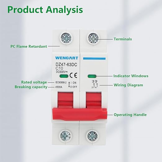 Wengart Wengart DC Miniature Circuit Breaker, 2-Pole 500V 10A, DZ47-63Z Disconnect Switch for Solar PV Systems, RV Battery & Off-Grid Living, 35mm DIN Rail Mount, UL 1077 Standard Design, White