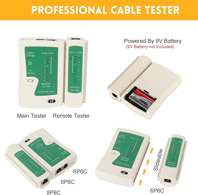 RJ45 Crimp Tool Kit for Cat5 Cat5e Cat6 Modular Plugs Connectors, RJ-11, 6P/RJ-12, 8P/RJ-45 Network Crimping Tool, Modular RJ45 Crimper Strip, Cut, Crimp, All-in-One