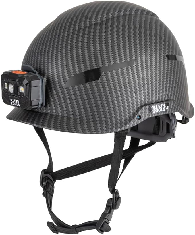 Klein Tools 60515 Safety Helmet, Non-Vented Class E with Rechargeable Lamp and Chin Strap, Premium KARBN Pattern, Tested up to 20kV