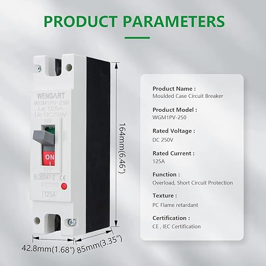 Wengart 125 Amp DC MCCB Circuit Breaker, 250V 1-Pole Molded Case Breaker with Advanced Arc Extinguishing, High-Capacity Protector for Solar PV Systems & Battery Storage, Industrial Grade, WGM1PV-250