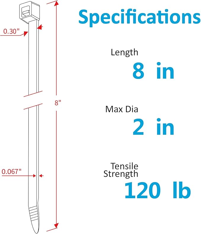 Zip Ties Heavy Duty 8 inch with 120 Pounds Tensile Strength, Black Heavy Duty Cable Ties, 500 Pack, by Karoka