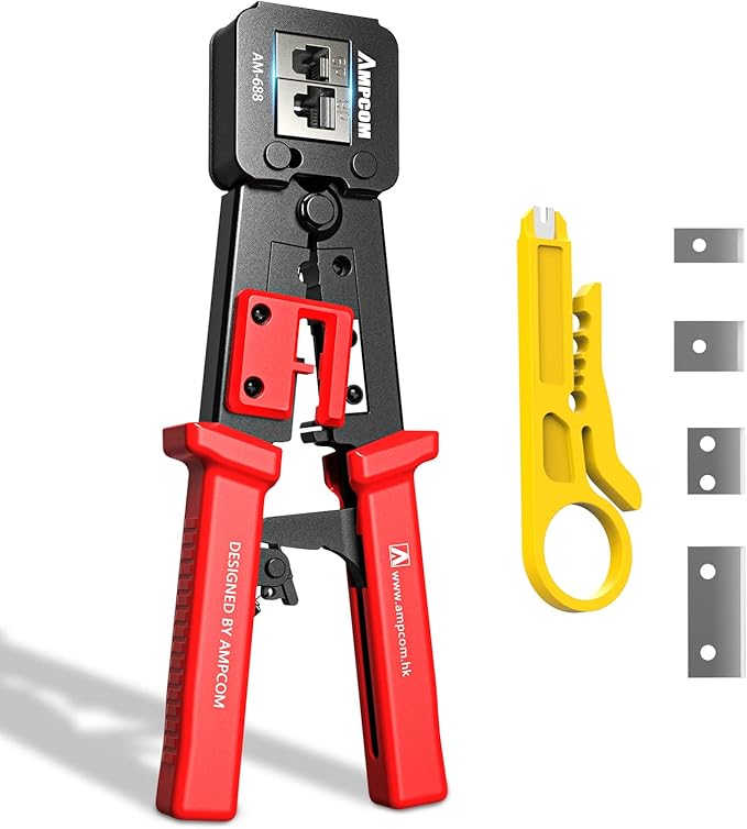 AMPCOM RJ45 Pass Thru Crimping Tool Network Crimper for Pass Through and Regular Type RJ45 RJ12 RJ11 Connector -CAT6/5e（8P8C/6P6C/6P4C)