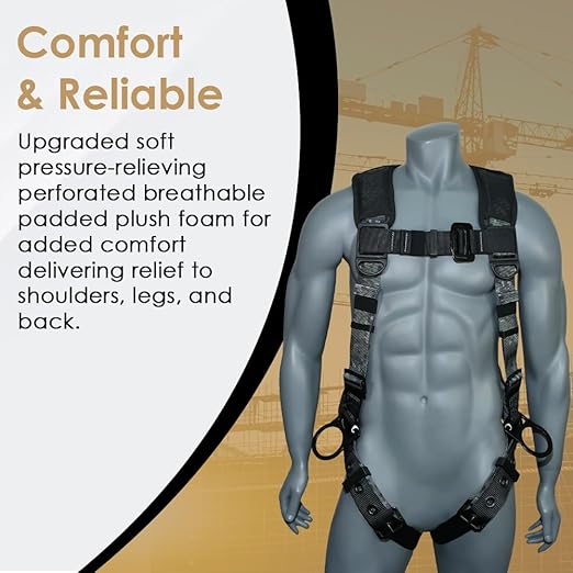 AFP Digital Camouflage Universal Fall Protection Ergonomic Comfort Safety Harness, Soft Pressure-Relieving Perforated Breathable Padded Foam Shoulder, 3 D-Rings, Tongue Buckle, Mating Buckle