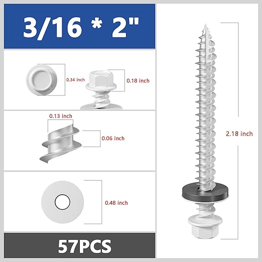 # 3/16 * 2" 57PCS 1lbs White Hexagonal Metal Sheet roof Screws, #10 * 2 with EPDM washers and Hexagonal self Tapping, Used for Metal to Wood, Corrugated Roofs.5 * 50mm