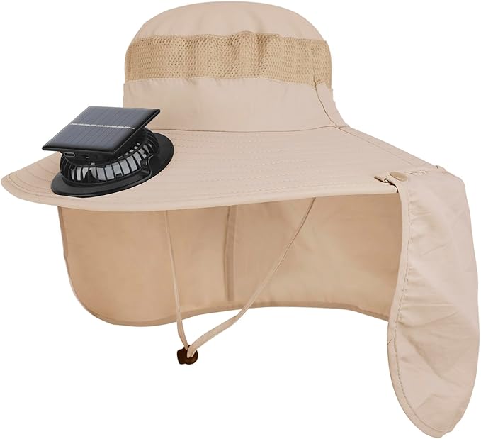 Extra Wide Brim Solar Fan Hat, Mens Fishing Hat with Fan, Neck Flap Sun Hat, UPF 50+ Solar Powered Cooling Cap Fisherman Hats
