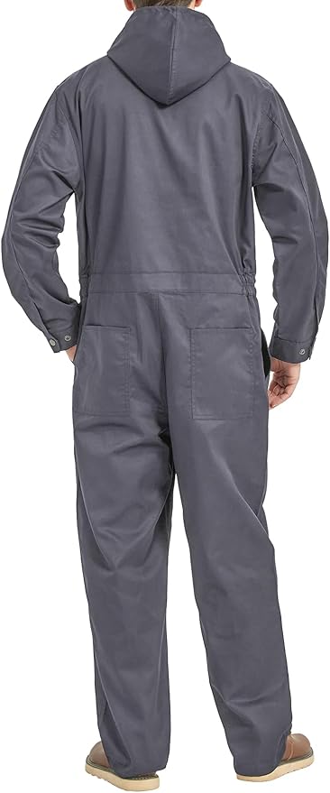 Mens Cotton Blend Long Sleeve Coverall Multi Pockets Zip Overall Mechanic Work Jumpsuit with Hood