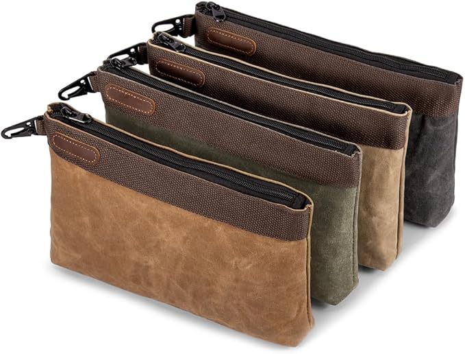 Waxed Canvas Tool Pouches 4 Pack – 11-Inch Heavy-Duty Zipper Tool Bags Set, Waterproof Utility Storage Pouches for Tools, Cables, Gear & Supplies – Rugged Tool Organizer Bags