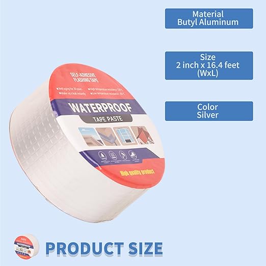 2" W X 16.4'L Waterproof Tape for Leaks Aluminum Butyl Tape with Adhesive for RV Repair, Glass Repairs, Air Mattress Patch, Window Caulking, Boat Sealing, Roof Patching