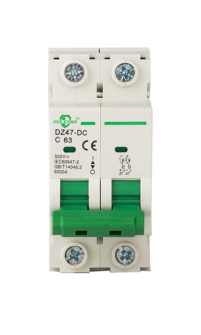 DC Miniature Circuit Breaker, 2 Pole 63 Amp, 250V-500VDC, 6kA Din Rail Mount Breaker with Thermal Magnetic Trip, DZ47-63 C63 2P, DC Solar MCB