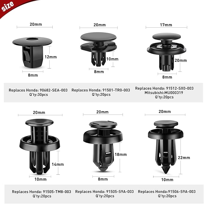 Nilight 131PCS Front Fender Push-Type Retainer Fender Push-Type Front Bumper - Nylon Compatible with Honda Acura Accord Civic Odyssey CR-V