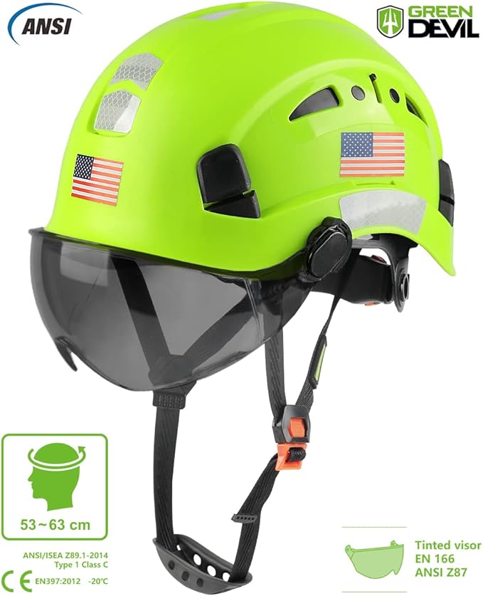 GREEN DEVIL Safety Helmet Hard Hat with Visor Chinstrap Adjustable Lightweight Vented ABS Work Helmet for Men and Women 6-Point Suspension ANSI Z89.1 Approved Ideal for Industrial & Construction