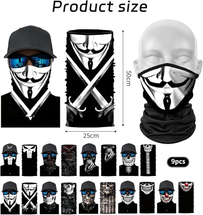 9 Pcs Neck Gaiter Face Mask Men Women Sun UV Protection Seamless Skull Bandanas Seamless Bandana Rave Face Cover Scarf Mask